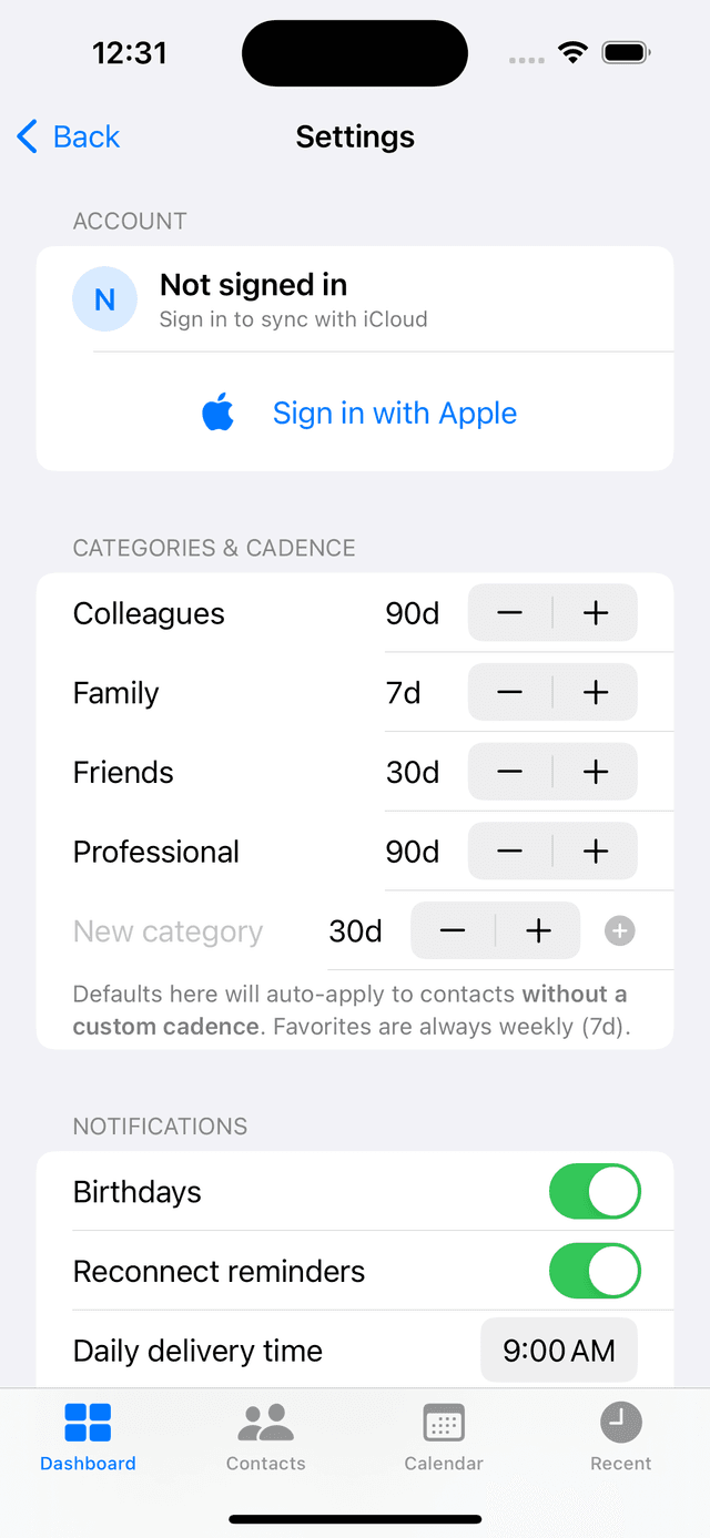 Nexuz app screenshot of a contact profile