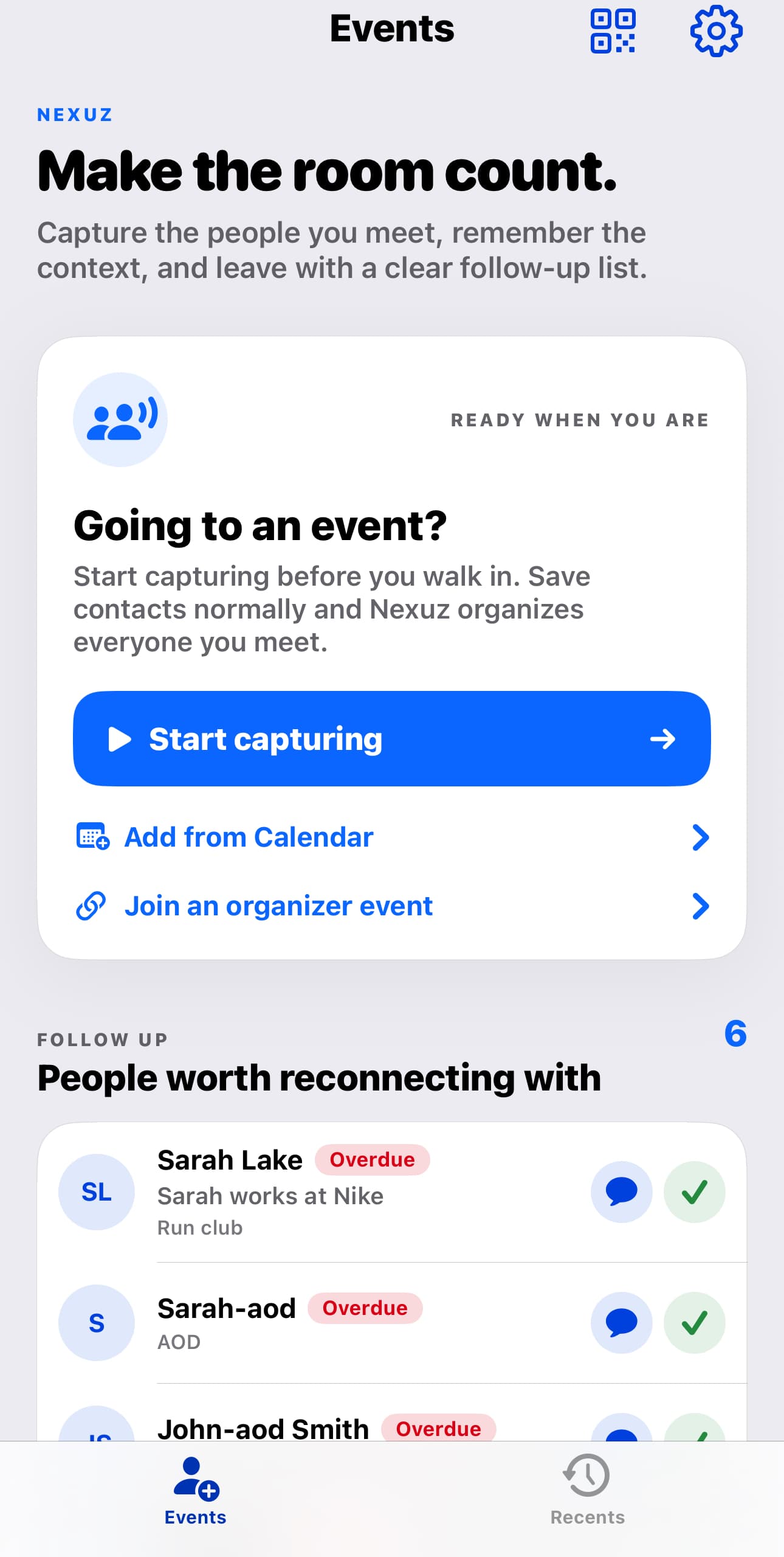 Nexuz attendee home screen